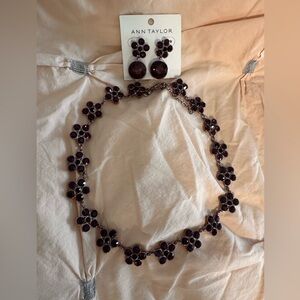 Ann Taylor Dark Purple Floral Necklace and Earring Set